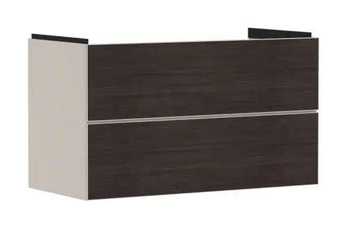 Hansgrohe Waschtischunterschrank mit zwei Schubkästen in dunkler Holzoptik und sandbeigem Korpus. Ideal geeignet für Badezimmerlösungen.